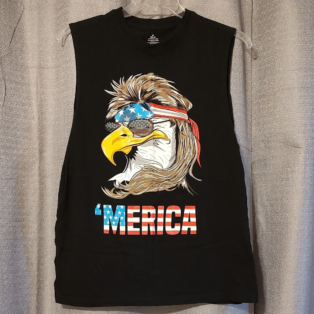 'Merica Black Tank Top w/ Bald Eagle w/ Red White & Blue Bandana Graphic Sz Med